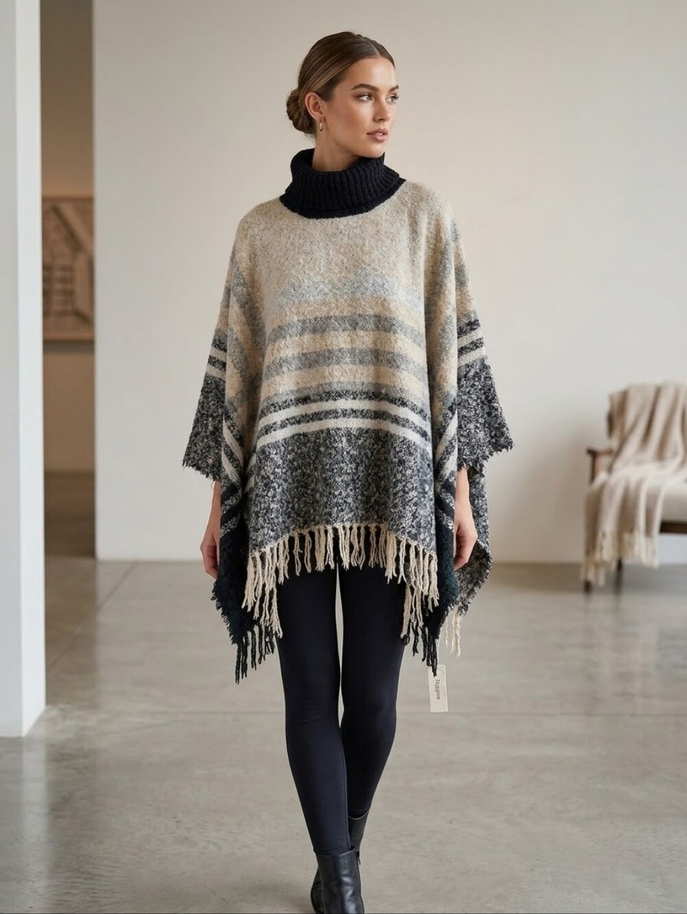 RUE21 Poncho Turtleneck Grey Beige Stripe Fringe Faux Wool NWT Super Cozy